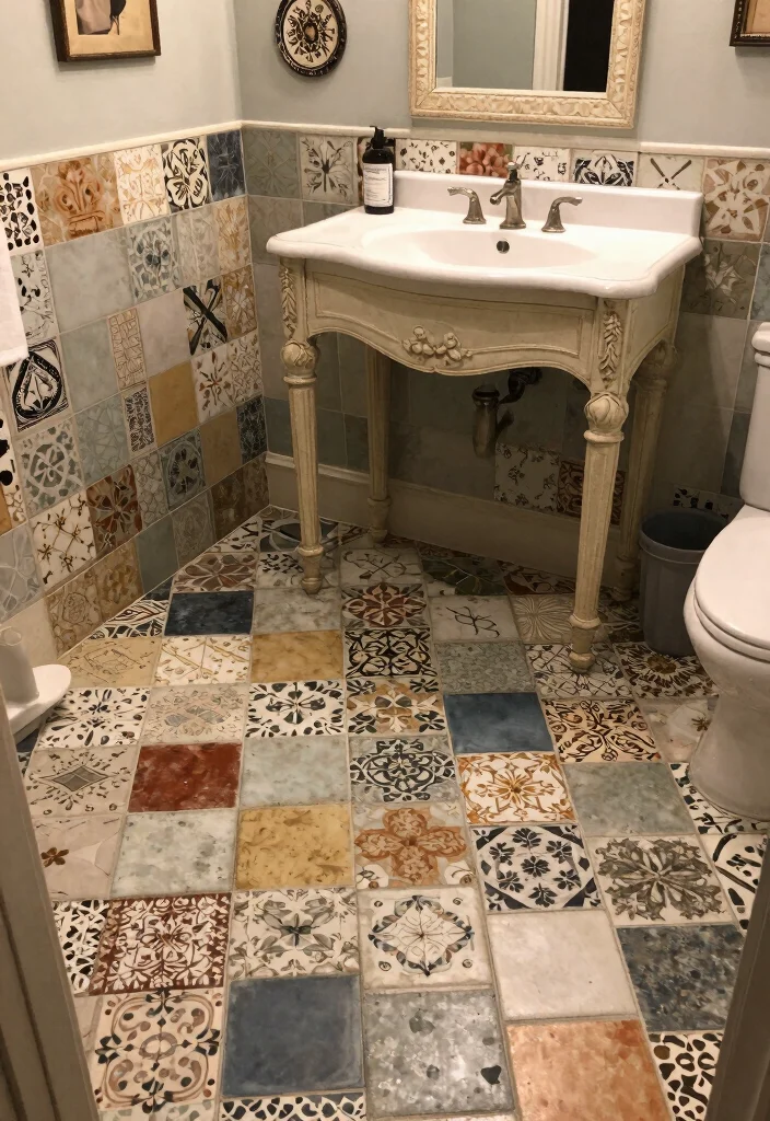 16 Cement Tile Bathroom Ideas With Timeless Pattern - 8. Vintage Patchwork for a Cozy Feel 1