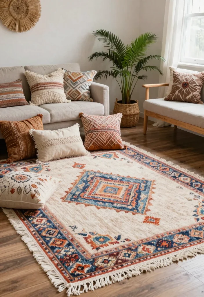 16 Cool Rugs Living Room Ideas: Unique Standout Styles - 13. Bohemian Fringe Rugs 1