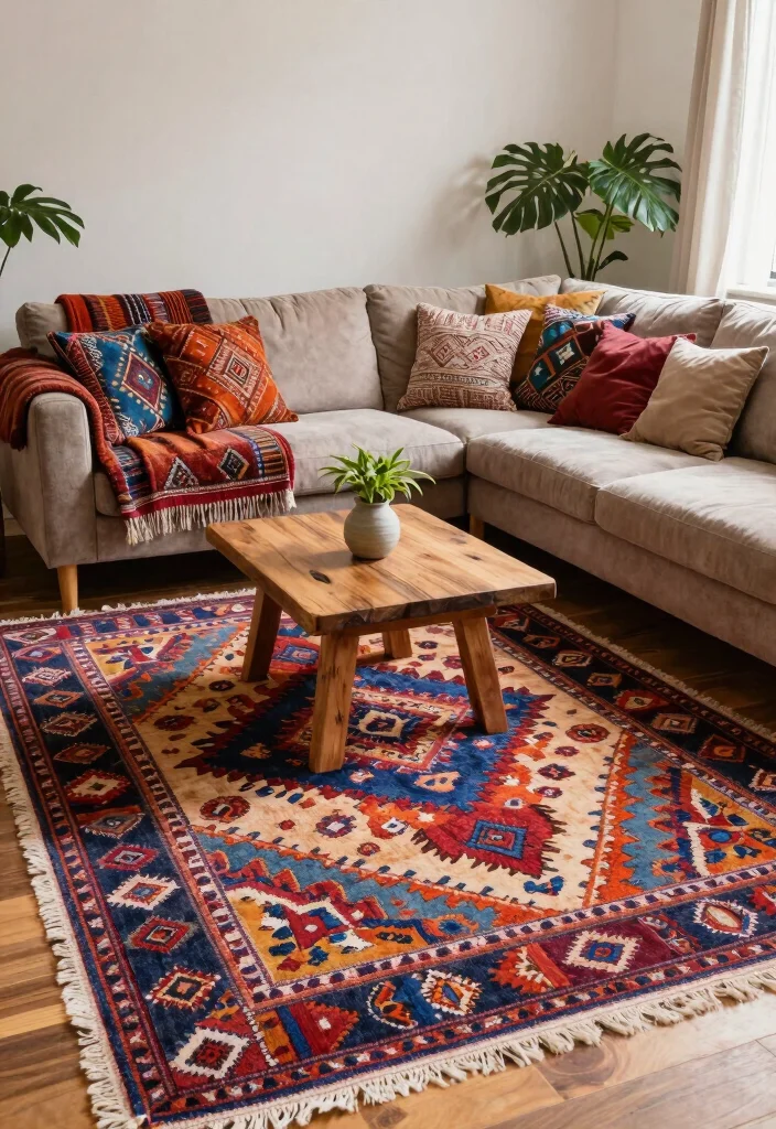 16 Cool Rugs Living Room Ideas: Unique Standout Styles - 3. Colorful Kilim Rugs 1