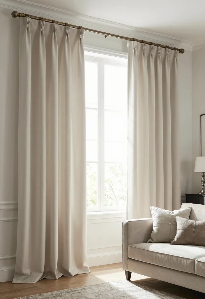 16 Cotton Curtains Living Room Ideas: Soft Natural Texture - 10. Simple Pinch Pleat Curtains 1