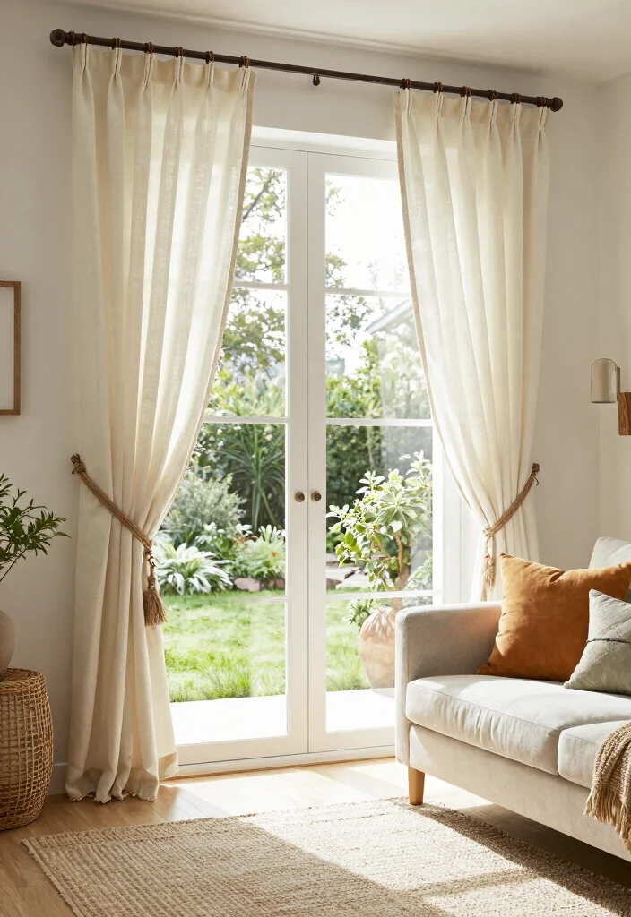 16 Cotton Curtains Living Room Ideas: Soft Natural Texture - 11. Curtain Tiebacks for Added Style 1