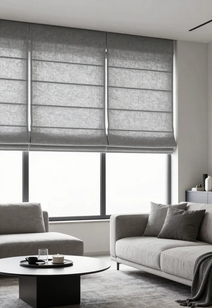 16 Cotton Curtains Living Room Ideas: Soft Natural Texture - 12. Roman Shades for a Sleek Look 1
