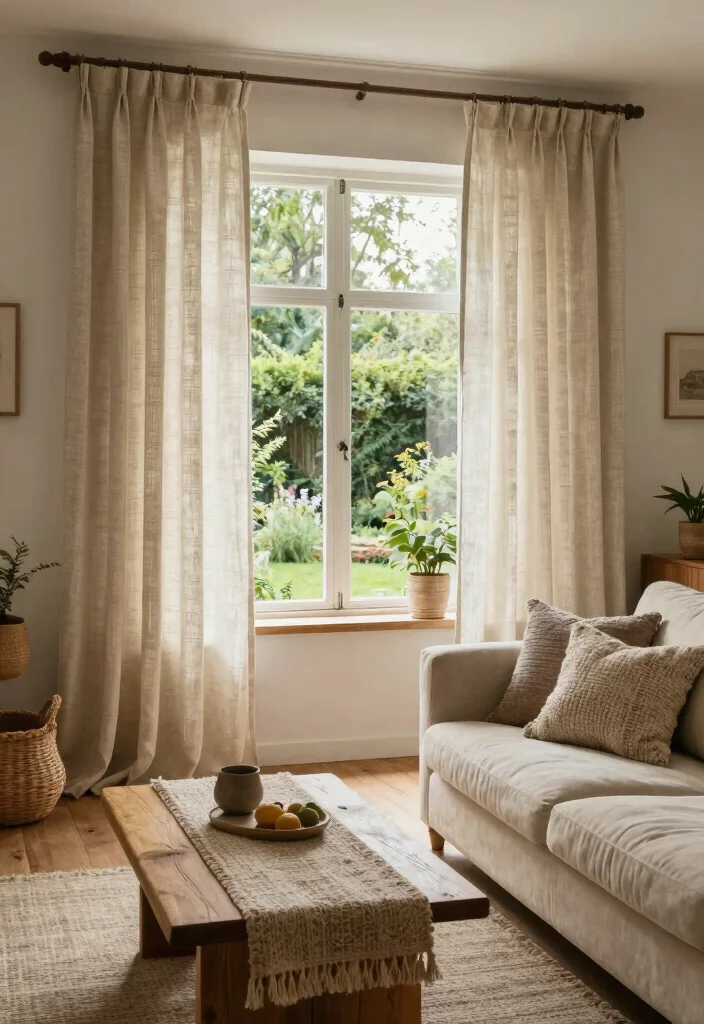 16 Cotton Curtains Living Room Ideas: Soft Natural Texture - 8. Rustic Charm with Natural Fibers 1