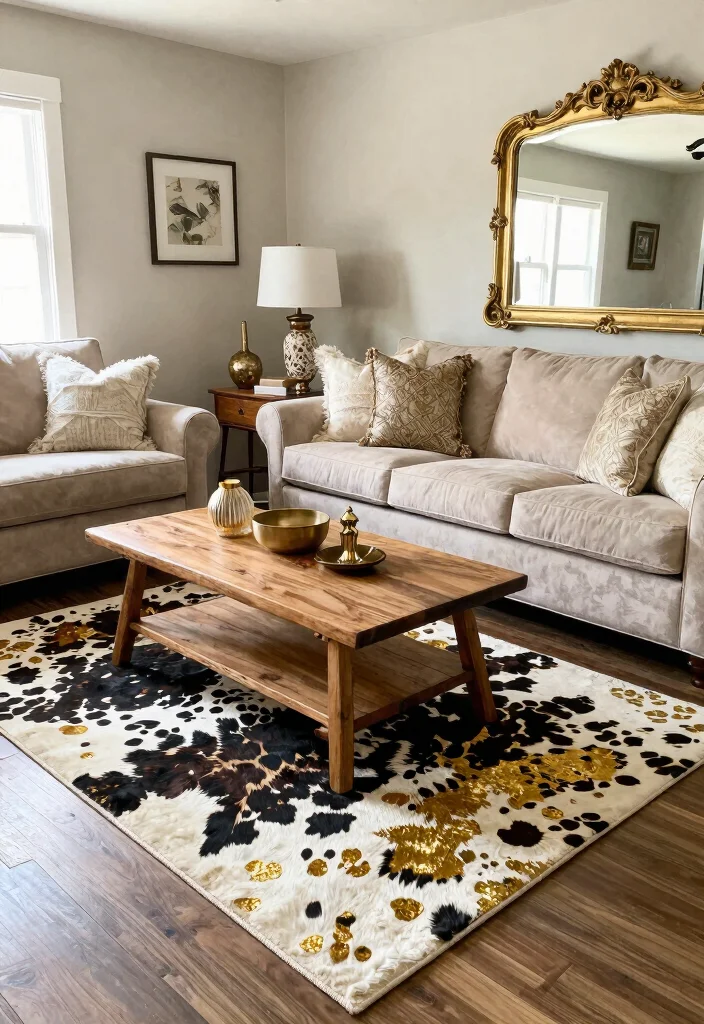 16 Cow Print Rug Living Room Ideas: Western Chic Accent - 10. Rustic Chic: Elegant Cow Print with Gold Accents 1
