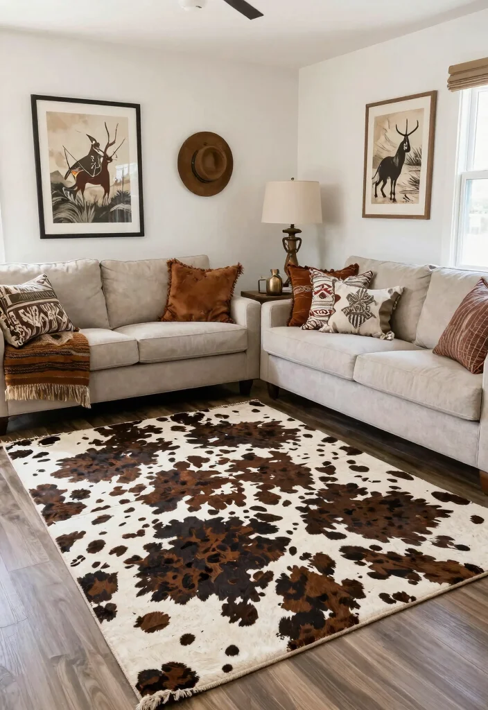 16 Cow Print Rug Living Room Ideas: Western Chic Accent - 16. The Finishing Touch: Decorative Elements Around Cow Print 1