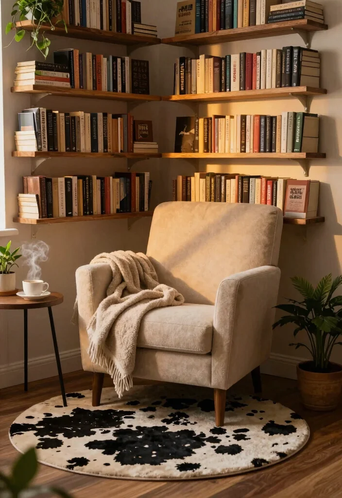 16 Cow Print Rug Living Room Ideas: Western Chic Accent - 2. Cozy Corner: Reading Nook with Cow Print 1