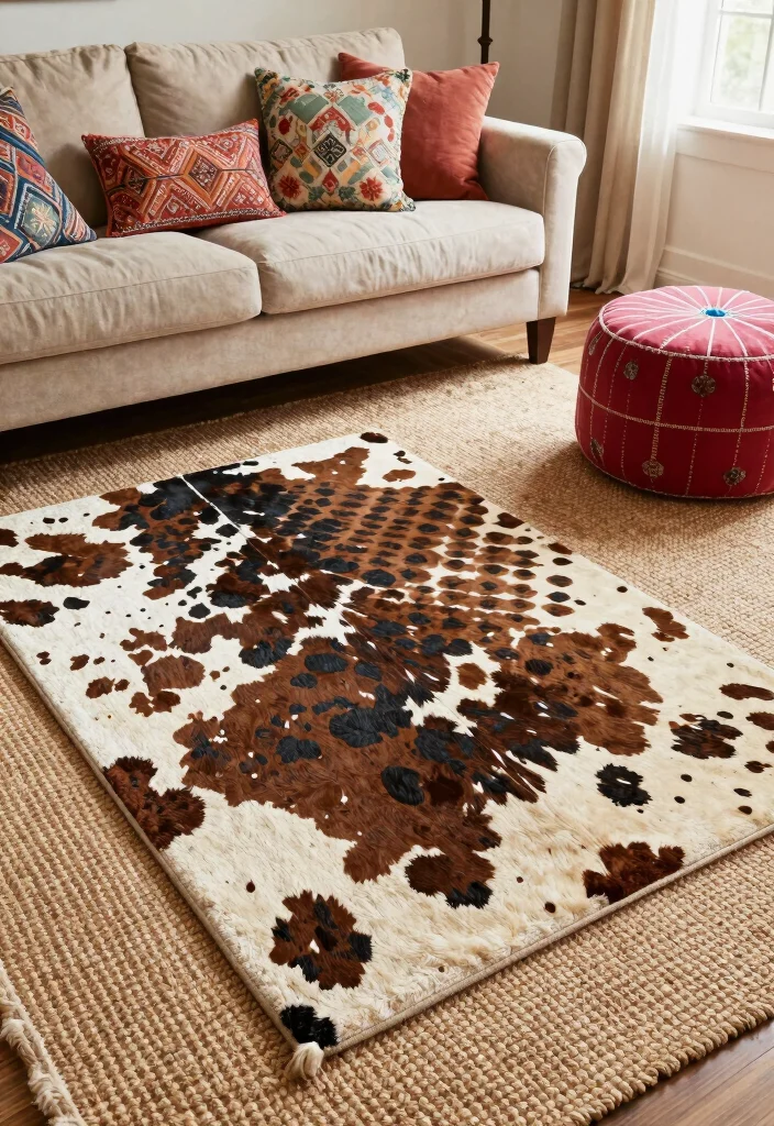 16 Cow Print Rug Living Room Ideas: Western Chic Accent - 3. Layered Textures: Mix and Match with Cow Print 1