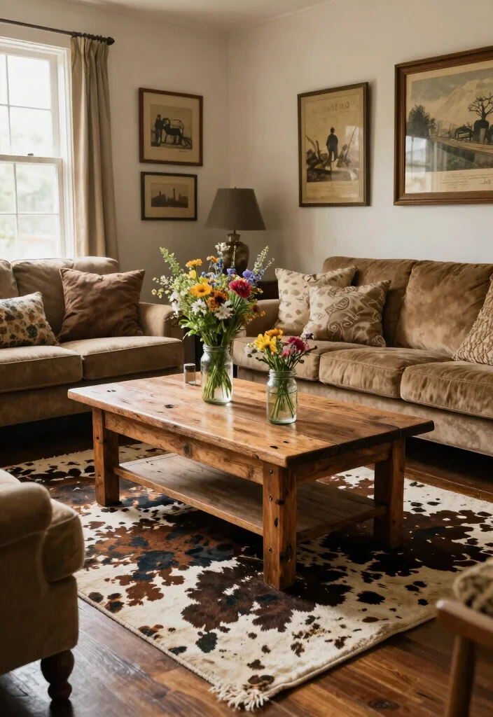 16 Cow Print Rug Living Room Ideas: Western Chic Accent - 4. Farmhouse Fusion: Cow Print Meets Vintage Charm 1