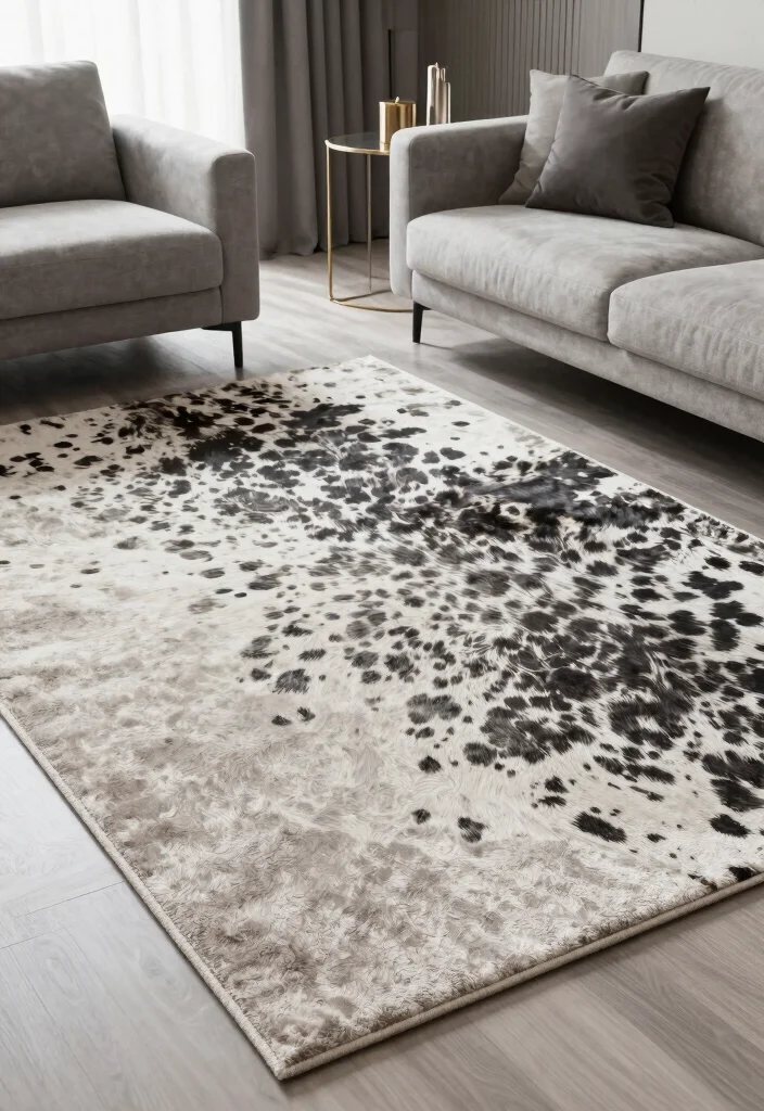 16 Cow Print Rug Living Room Ideas: Western Chic Accent - 6. Transitional Touch: Cow Print in Modern Design 1