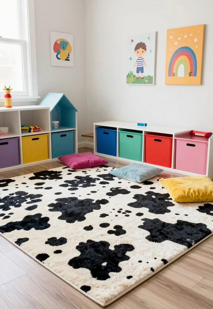 16 Cow Print Rug Living Room Ideas: Western Chic Accent - 8. Kid-Friendly Spaces: Play Area with Cow Print 1