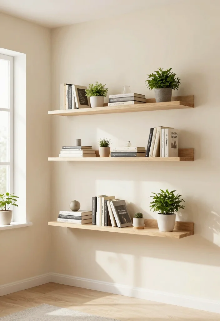 16 Cream Living Room Walls Ideas: Soft Warm Backdrop - 10. Minimalist Shelving 1