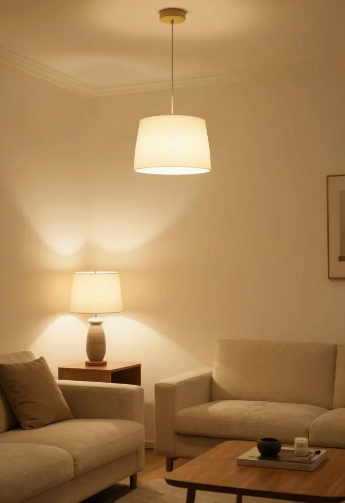 16 Cream Living Room Walls Ideas: Soft Warm Backdrop - 14. Warm Lighting Fixtures 1