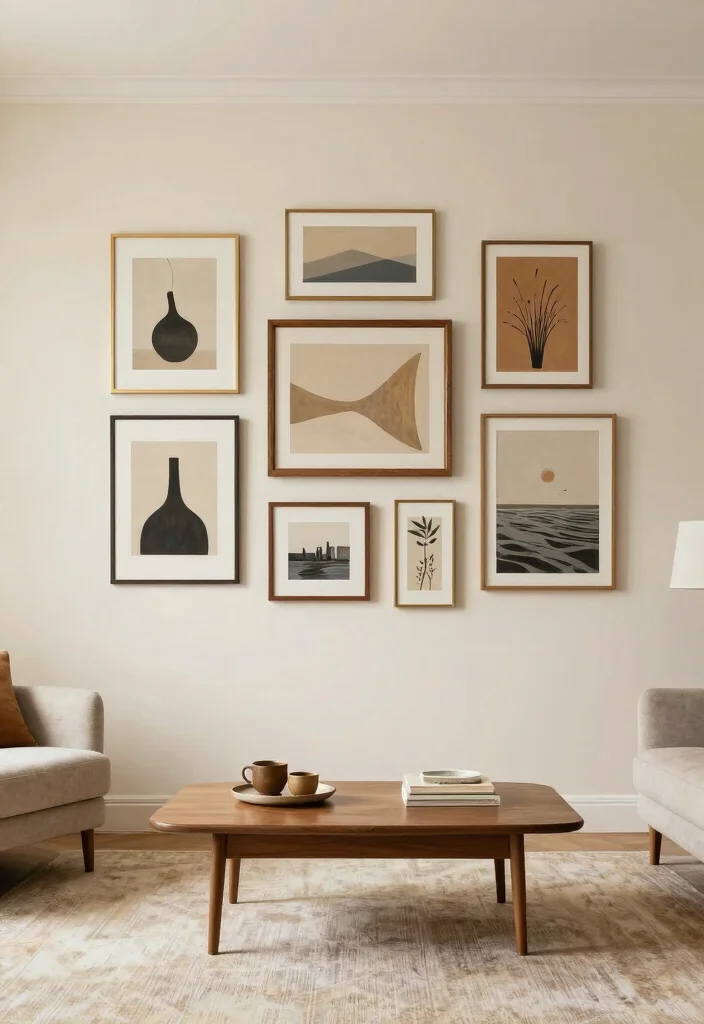 16 Cream Living Room Walls Ideas: Soft Warm Backdrop - 2. Gallery Wall of Art 1