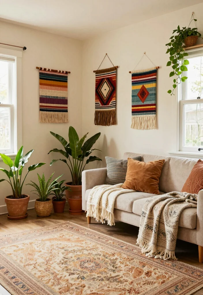 16 Cream Living Room Walls Ideas: Soft Warm Backdrop - 5. Bohemian Touches 1