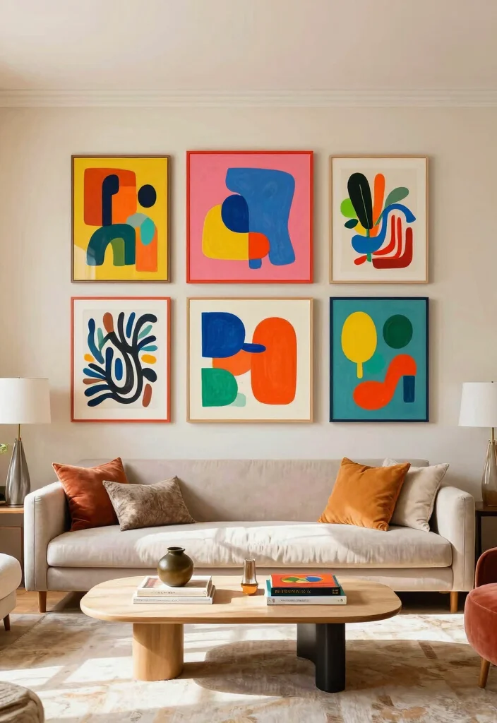 16 Cream Living Room Walls Ideas: Soft Warm Backdrop - 6. Colorful Art Displays 1