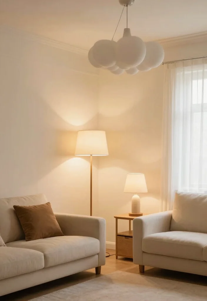 16 Cream Living Room Walls Ideas: Soft Warm Backdrop - 9. Layered Lighting 1