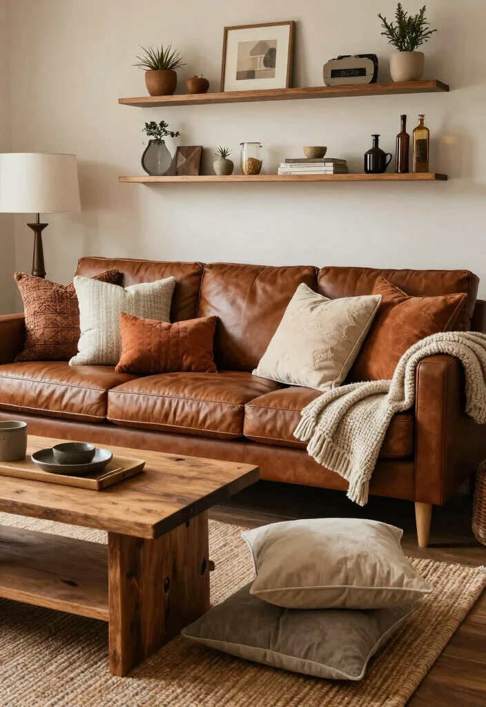 16 Leather Couches Living Room Ideas for Classic Versatile Looks - 11. Textured Layers for Depth 1