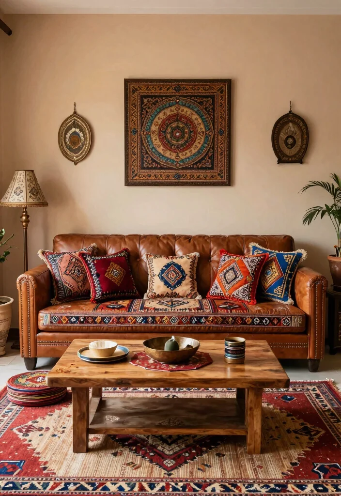 16 Leather Couches Living Room Ideas for Classic Versatile Looks - 8. Global Influences with Moroccan Leather 1