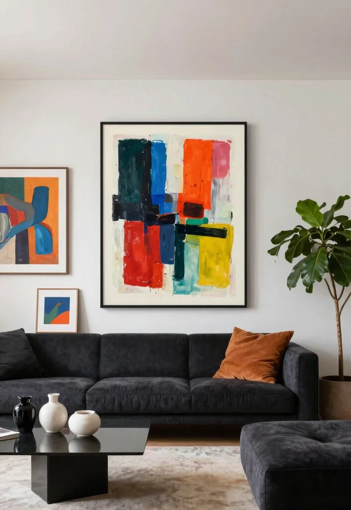 16 Living Room Dark Sofa Ideas for a Moody Sophisticated Style - 11. Artistic Flair 1