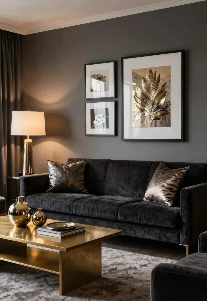 16 Living Room Dark Sofa Ideas for a Moody Sophisticated Style - 13. Subtle Metallic Accents 1