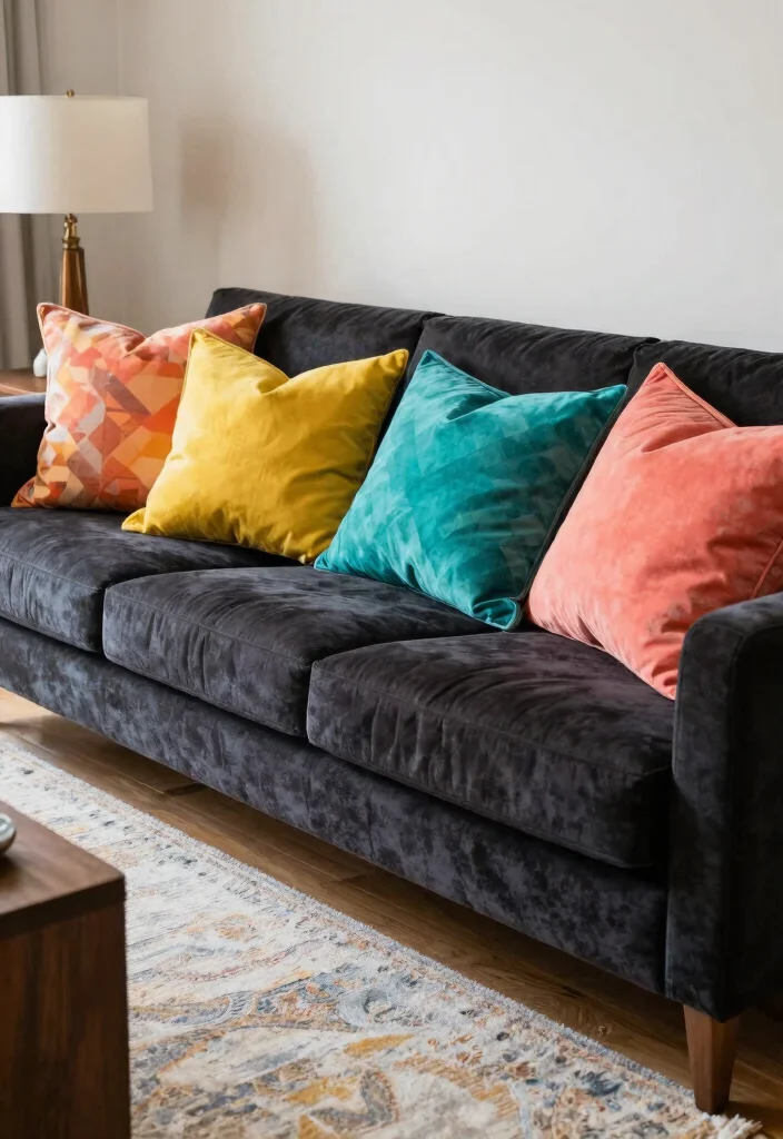 16 Living Room Dark Sofa Ideas for a Moody Sophisticated Style - 14. Color Pop Pillows 1