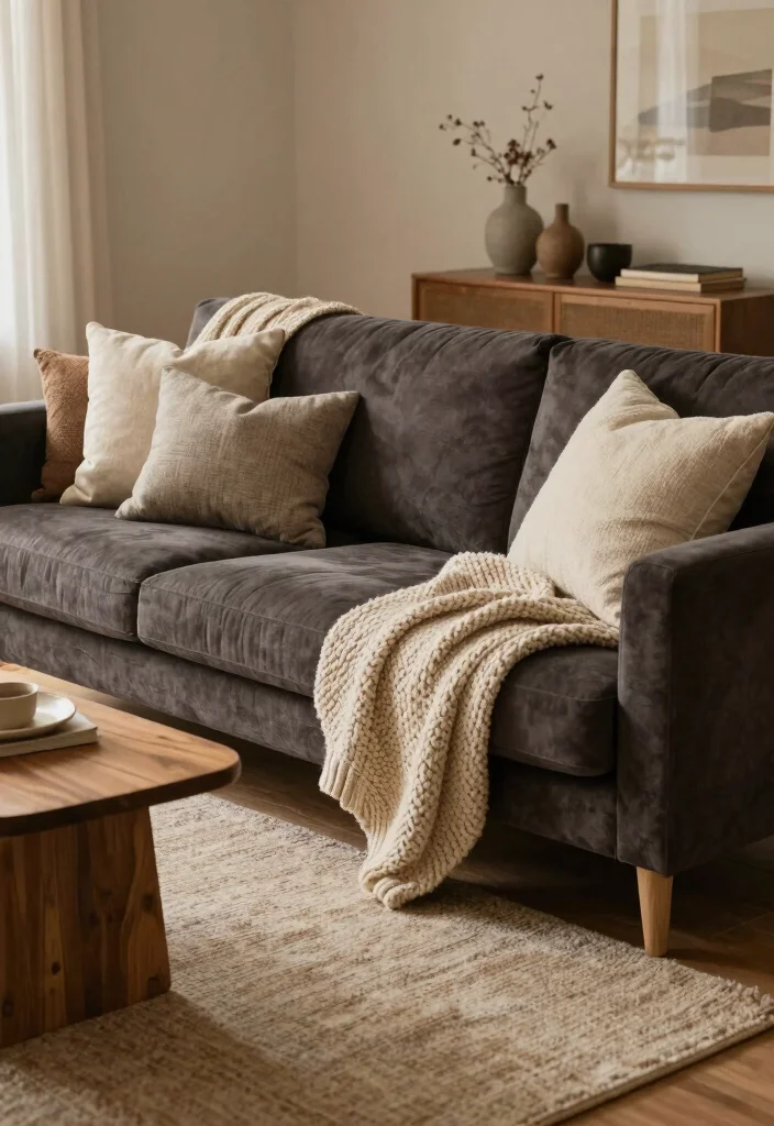 16 Living Room Dark Sofa Ideas for a Moody Sophisticated Style - 15. Cozy Materials 1
