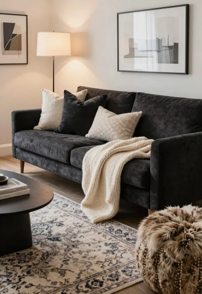 16 Living Room Dark Sofa Ideas for a Moody Sophisticated Style - 2. Layered Textures 1