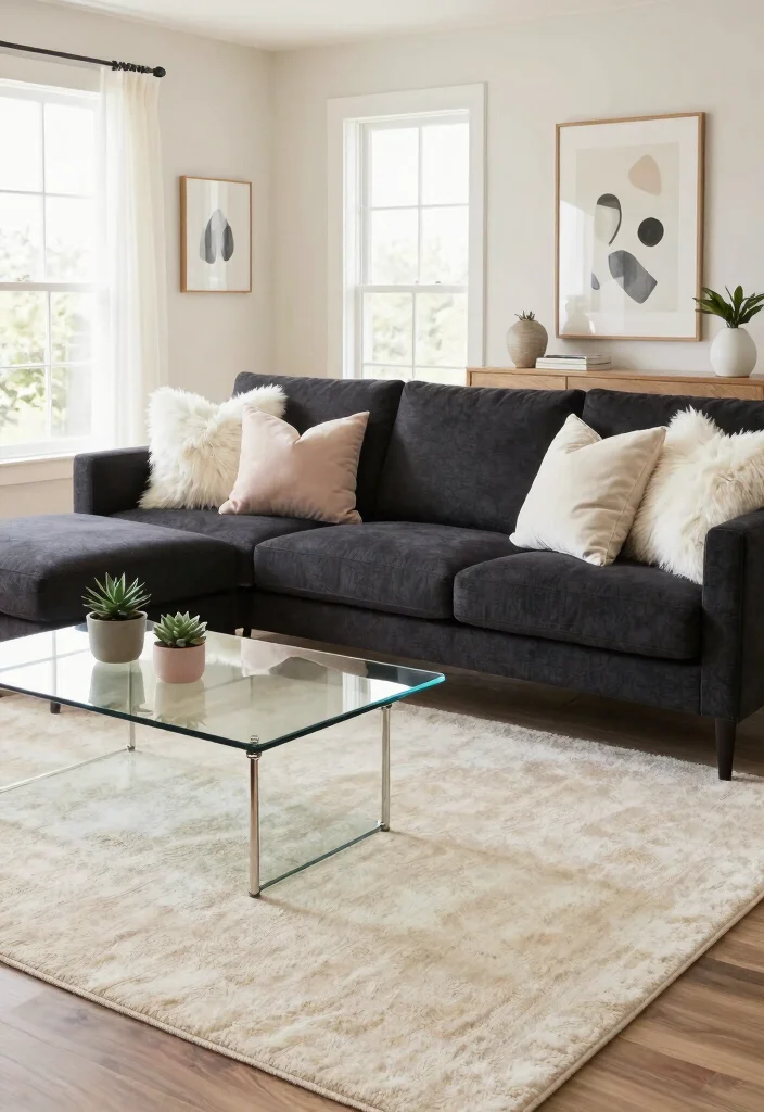 16 Living Room Dark Sofa Ideas for a Moody Sophisticated Style - 4. Contrast with Light Accents 1