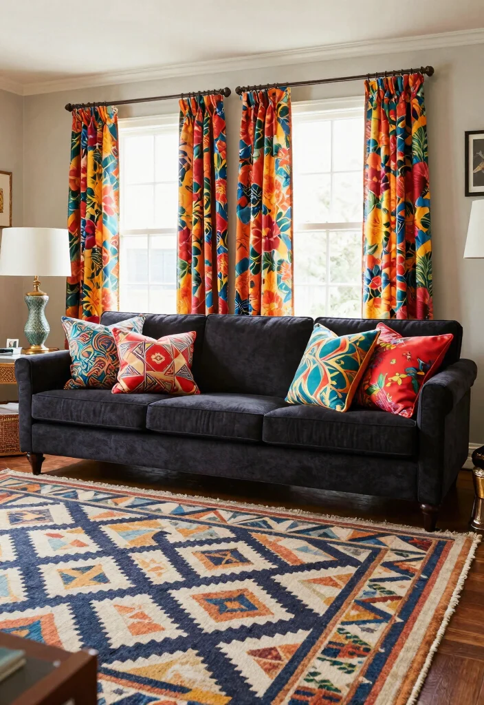16 Living Room Dark Sofa Ideas for a Moody Sophisticated Style - 5. Bold Patterns 1