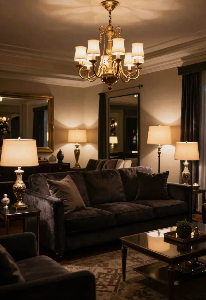 16 Living Room Dark Sofa Ideas for a Moody Sophisticated Style - 8. Elegant Lighting 1