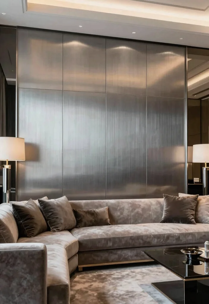 16 Living Room Wall Paneling Ideas: Texture, Depth, Style - 15. Metallic Wall Panels 1