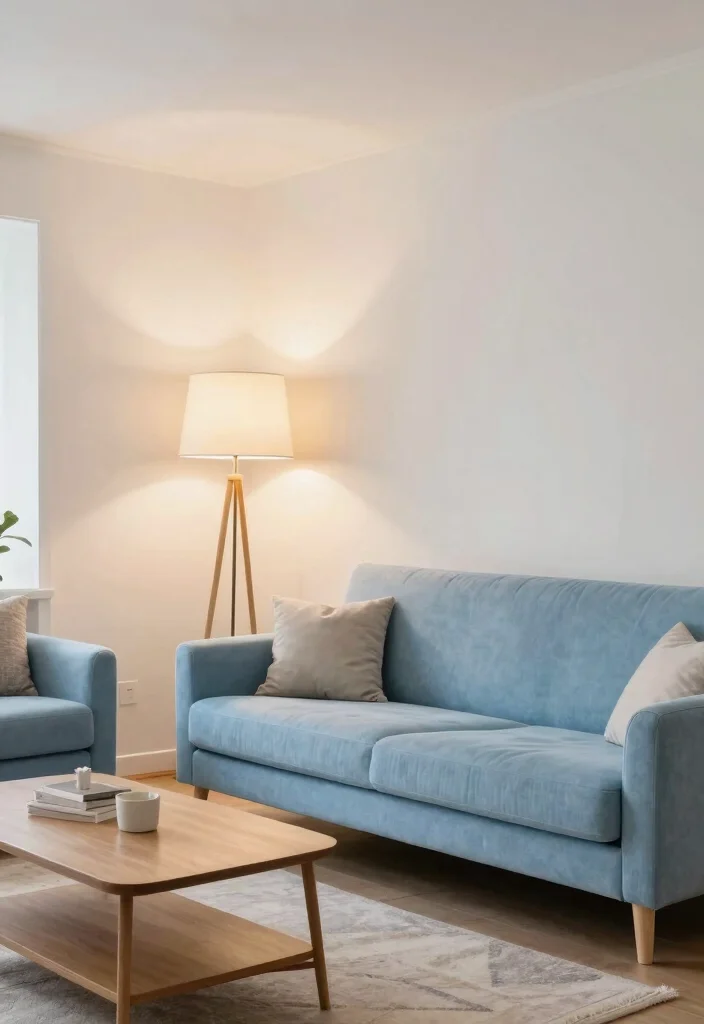 16 Sky Blue Sofa Living Room Ideas: Light and Airy Accents - 10. Layering Lighting Solutions 1