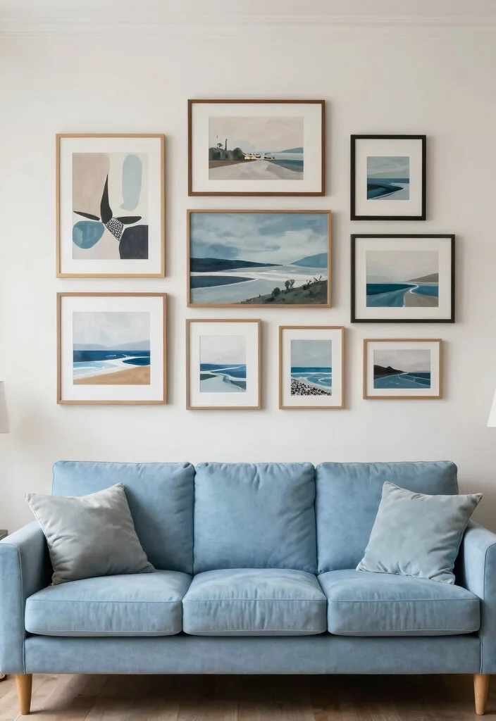 16 Sky Blue Sofa Living Room Ideas: Light and Airy Accents - 11. Incorporating Wall Art for Personality 1