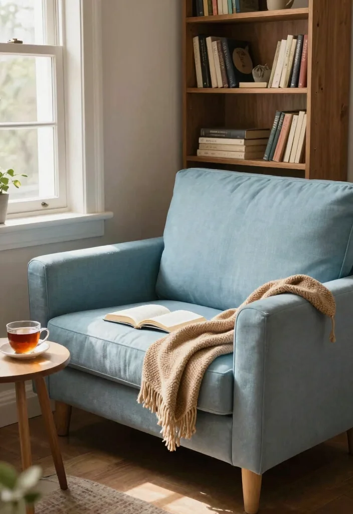 16 Sky Blue Sofa Living Room Ideas: Light and Airy Accents - 13. Cozy Reading Nook with Your Sofa 1