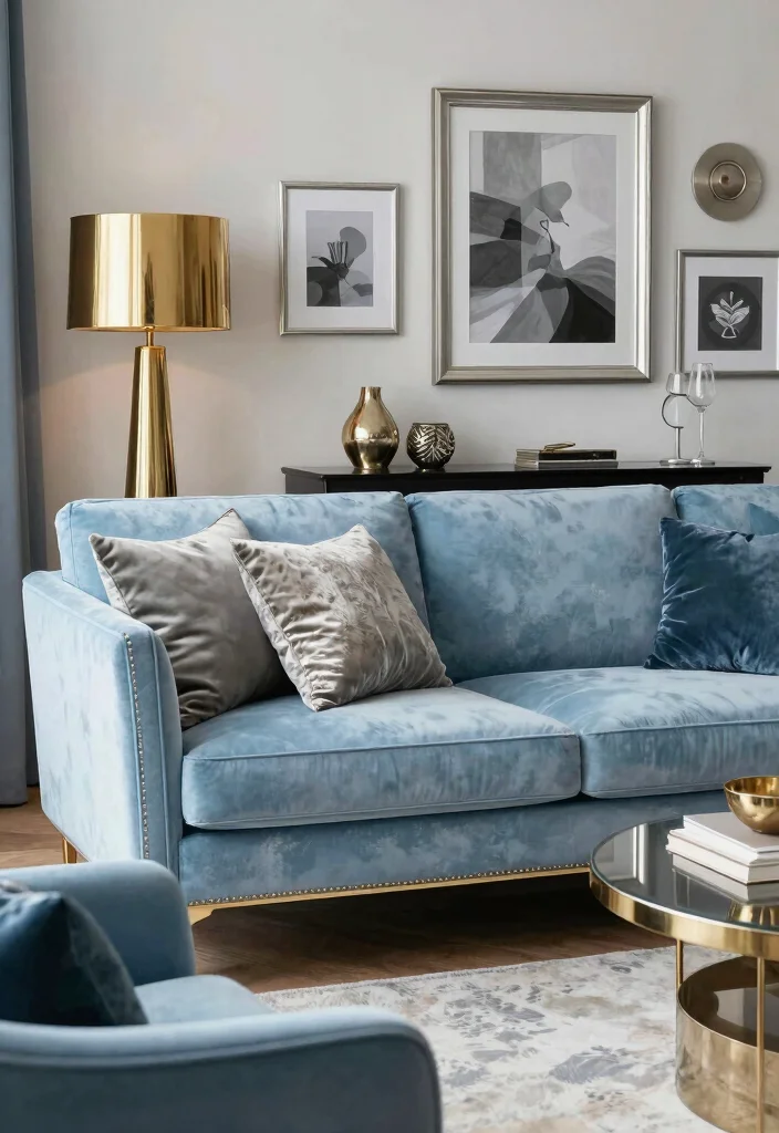 16 Sky Blue Sofa Living Room Ideas: Light and Airy Accents - 14. Elegant Accessories for a Luxurious Touch 1