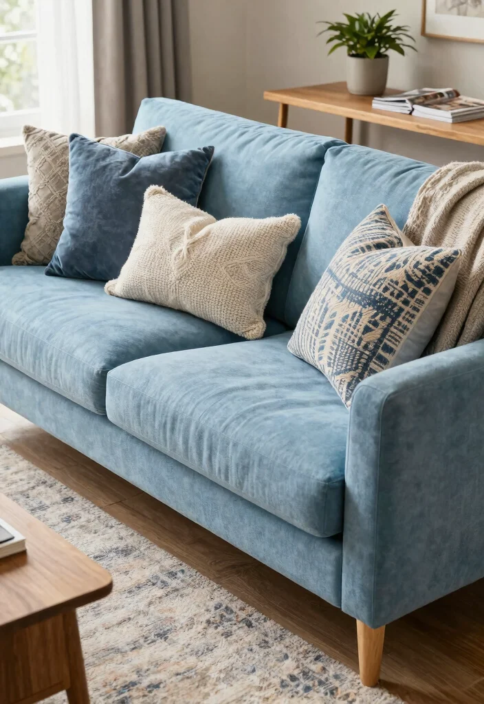 16 Sky Blue Sofa Living Room Ideas: Light and Airy Accents - 2. Layering Textures for Cozy Comfort 1