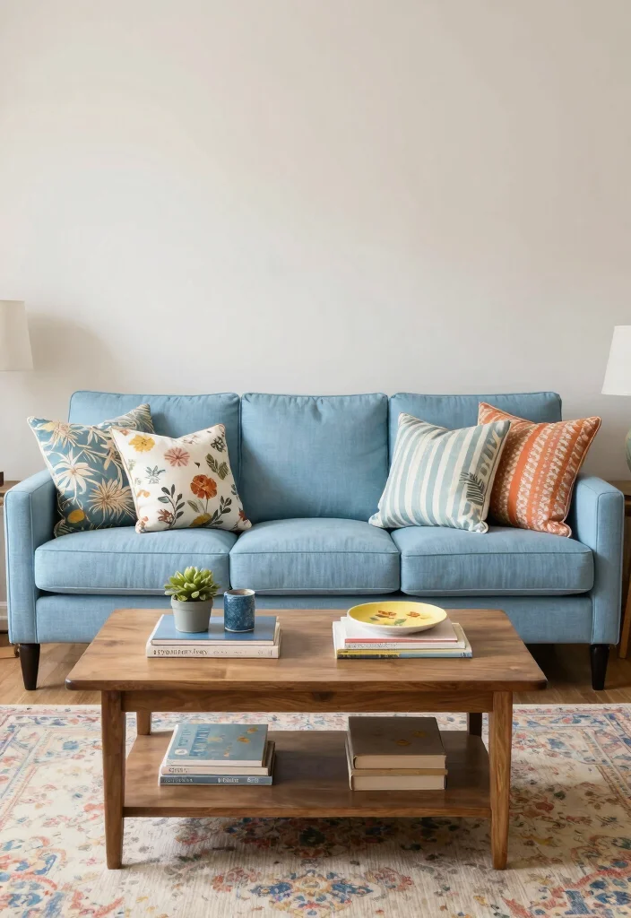 16 Sky Blue Sofa Living Room Ideas: Light and Airy Accents - 5. Mixing Patterns for Visual Interest 1