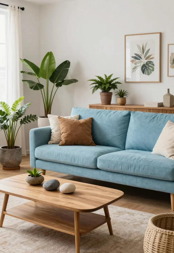 16 Sky Blue Sofa Living Room Ideas: Light and Airy Accents - 6. Add Natural Elements for a Fresh Look 1