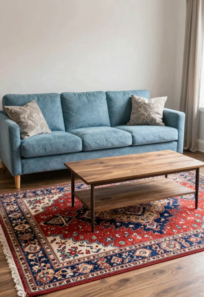 16 Sky Blue Sofa Living Room Ideas: Light and Airy Accents - 9. Create a Focal Point with a Statement Rug 1