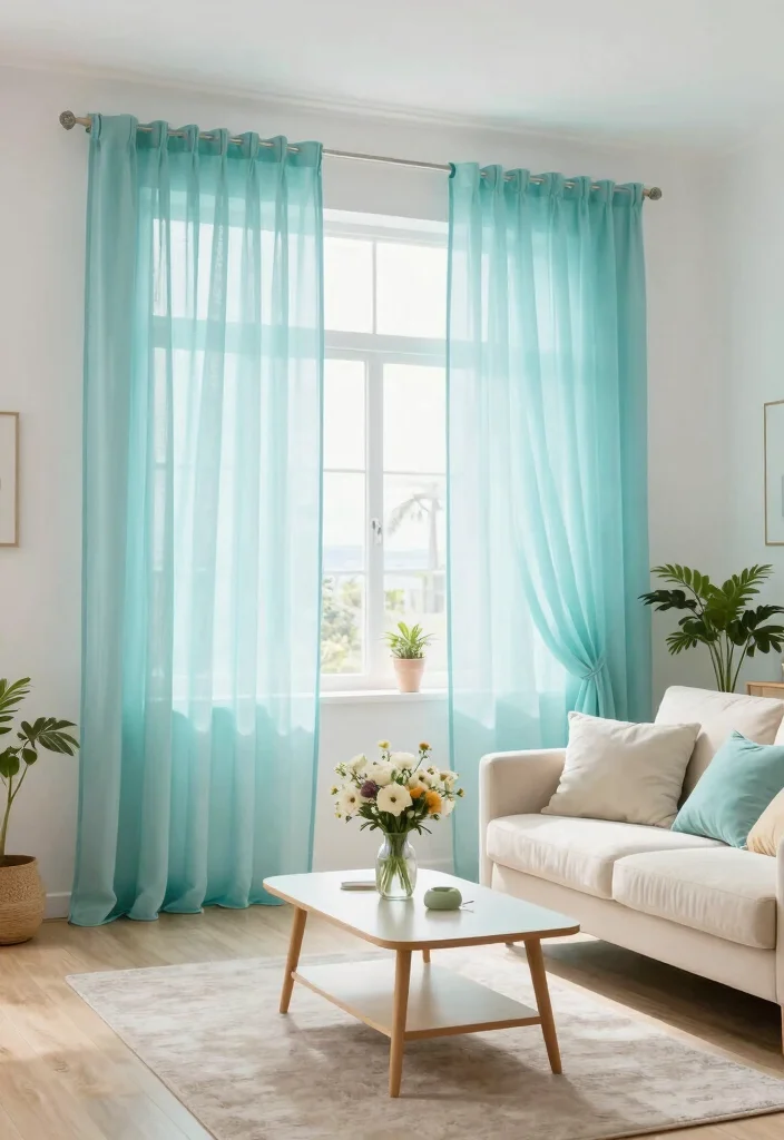 16 Turquoise Curtains Living Room Ideas for a Fresh Color Pop - 1. Light and Airy Sheer Turquoise Curtains 1