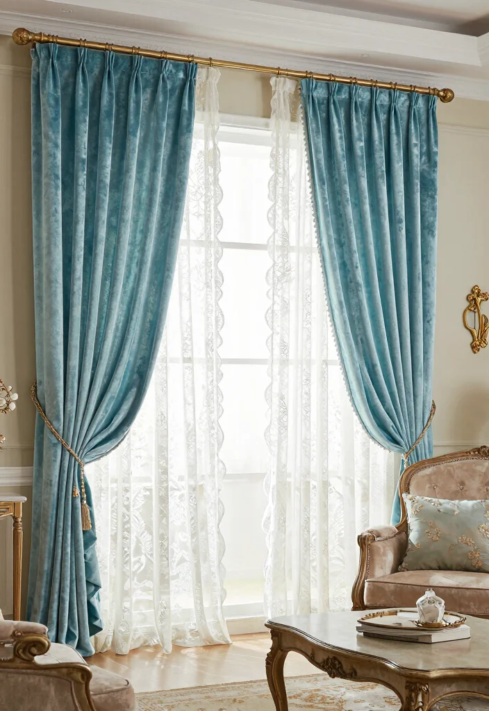16 Turquoise Curtains Living Room Ideas for a Fresh Color Pop - 11. Turquoise Velvet and Lace Combo 1
