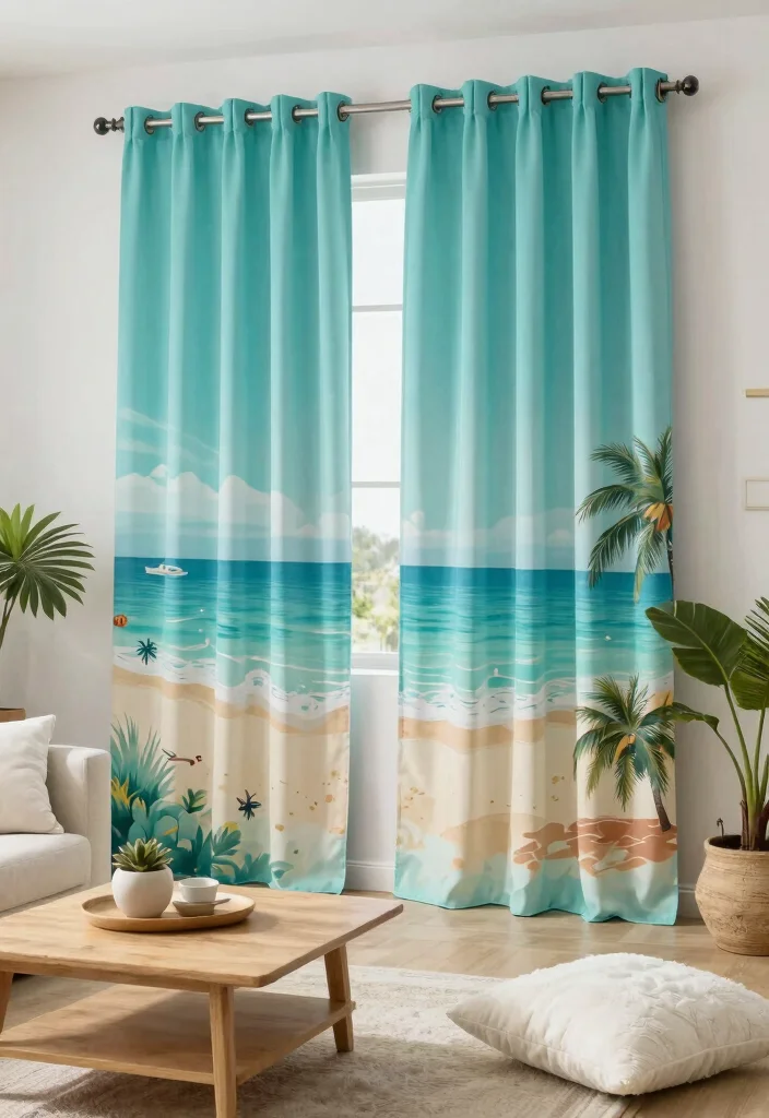 16 Turquoise Curtains Living Room Ideas for a Fresh Color Pop - 12. Coastal Text Prints 1