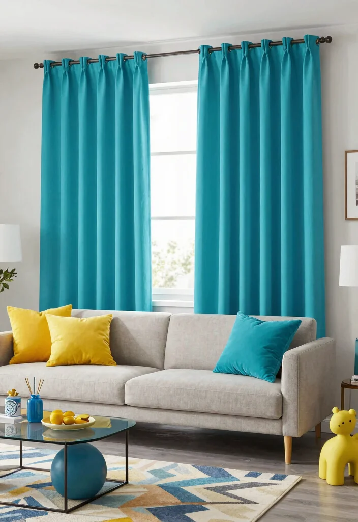 16 Turquoise Curtains Living Room Ideas for a Fresh Color Pop - 13. Bold Color Block Design 1