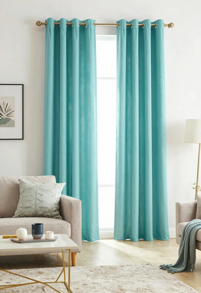 16 Turquoise Curtains Living Room Ideas for a Fresh Color Pop - 14. Curtain Ties with Personality 1