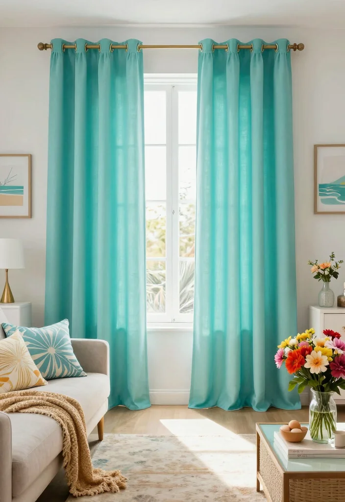 16 Turquoise Curtains Living Room Ideas for a Fresh Color Pop - 16. Seasonal Swaps 1