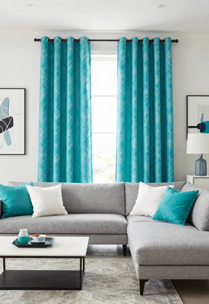 16 Turquoise Curtains Living Room Ideas for a Fresh Color Pop - 2. Bold Geometric Patterns 1