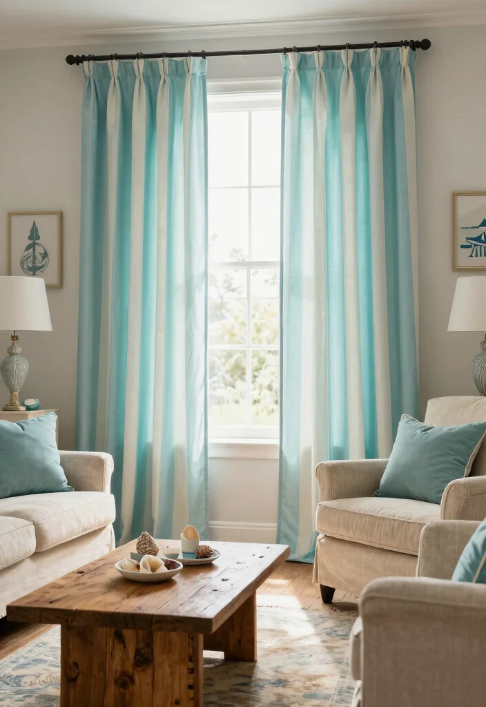 16 Turquoise Curtains Living Room Ideas for a Fresh Color Pop - 3. Nautical Stripes 1