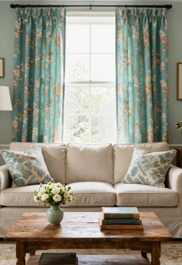 16 Turquoise Curtains Living Room Ideas for a Fresh Color Pop - 4. Vintage Floral Prints 1