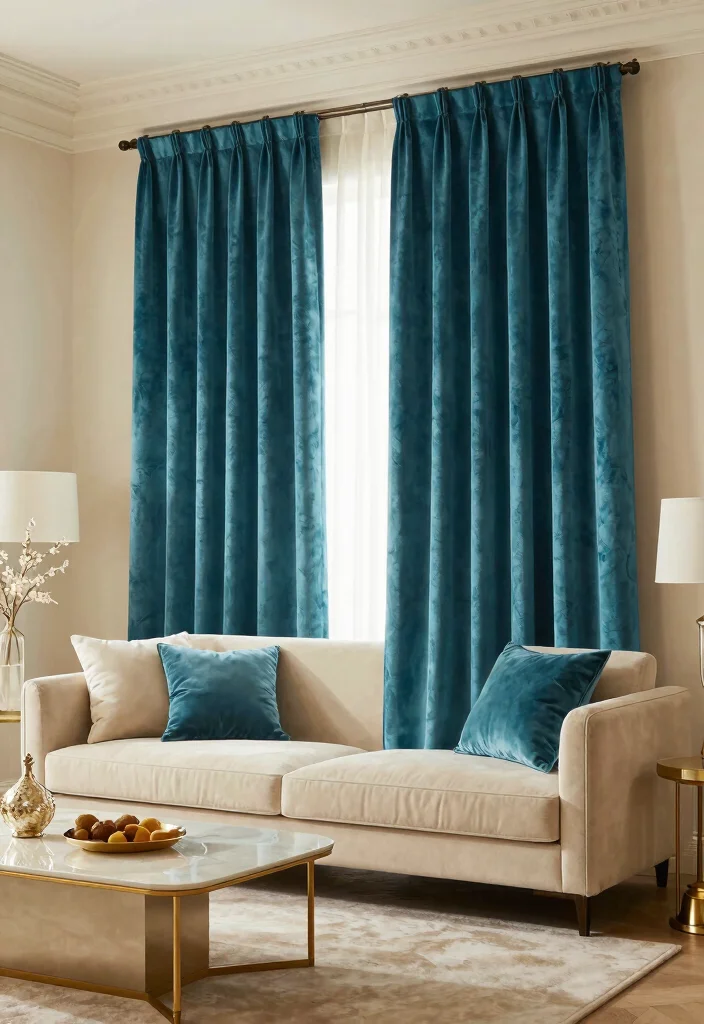 16 Turquoise Curtains Living Room Ideas for a Fresh Color Pop - 5. Rich Velvet Elegance 1