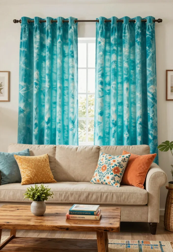16 Turquoise Curtains Living Room Ideas for a Fresh Color Pop - 6. Tie-Dye Inspirations 1